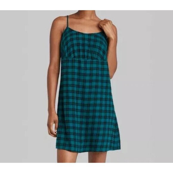 Women's Woven Slip Dress - Wild Fable Deep Teal Plaid Size M - Picture 2 of 8